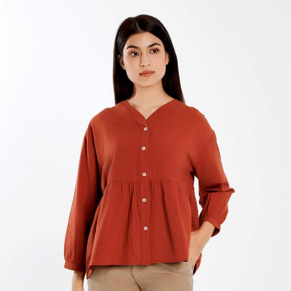 Forest Ladies Cotton Oversized V-Neck Blouse Women Long Sleeve Top | Baju Perempuan - 822511