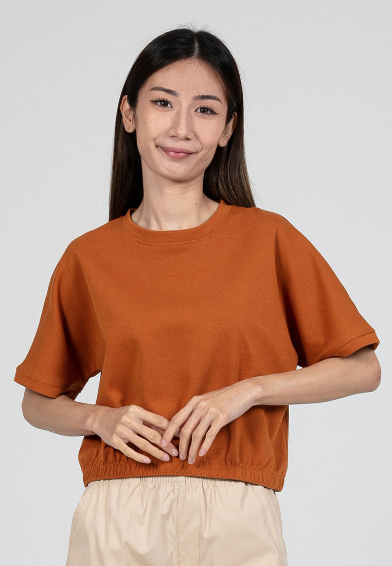 Forest Ladies Cotton Interlock Short Sleeve Round Neck Plain Top Women Casual Elastic Hem T-Shirt - 822409