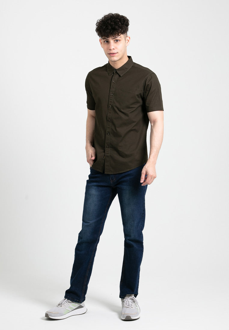 Forest Cotton Woven Casual Short Sleeve Plain Men Shirt | Baju Kemeja Lelaki  - 621356