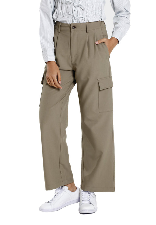 Forest Seluar Panjang Perempuan | Forest Ladies Pleated Cargo Long Pants Women Wide Leg Pants - 810550
