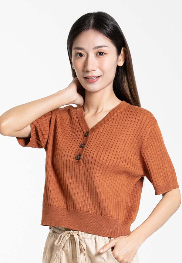 Forest Ladies Button V-Neck Knit Top Women Short Sleeve Cropped Top - 822424