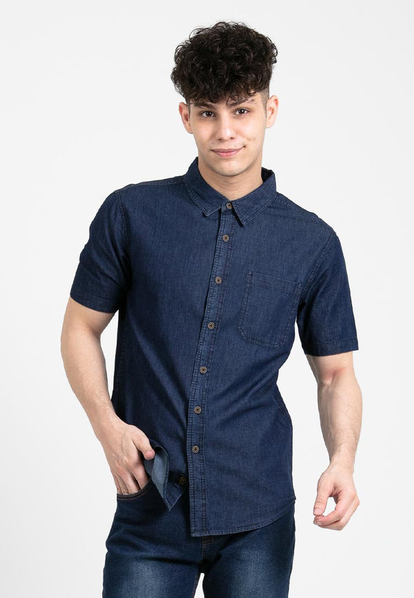Forest Denim Plain Short Sleeve Men Shirt | Baju Kemeja Lelaki - 621353