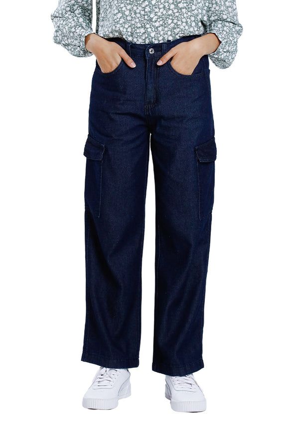 Forest Ladies Soft Denim Cargo Pants Women Elastic Waisted Long Pants | Seluar Panjang Perempuan - 810506