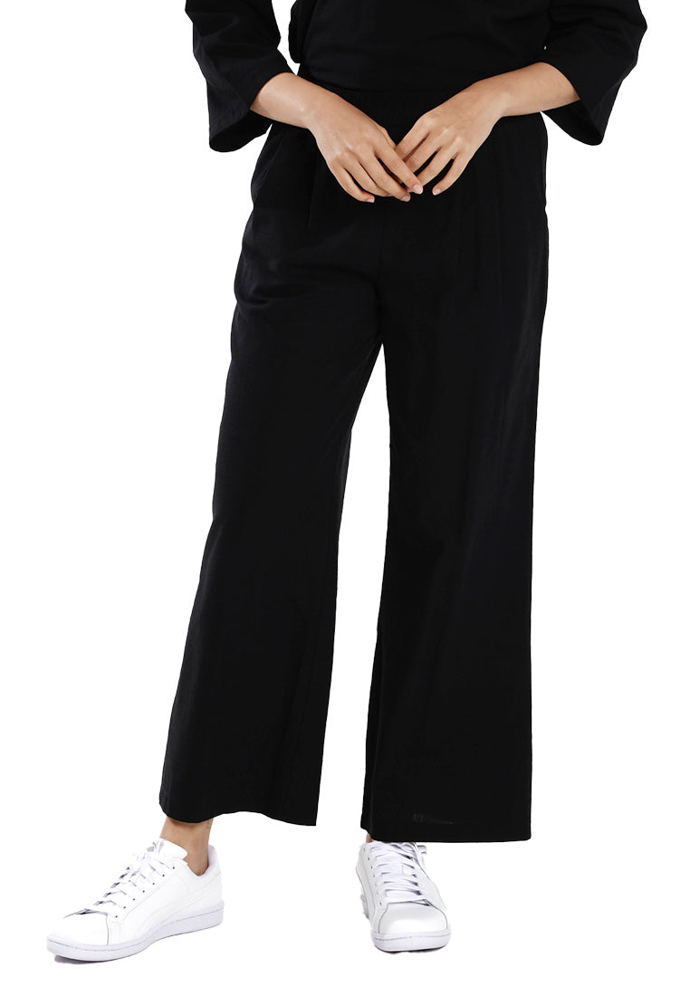 Forest Ladies Cotton Linen Pleated Wide Leg Pants Women Elastic Waist Long Pants | Seluar Panjang Palazzo - 810514