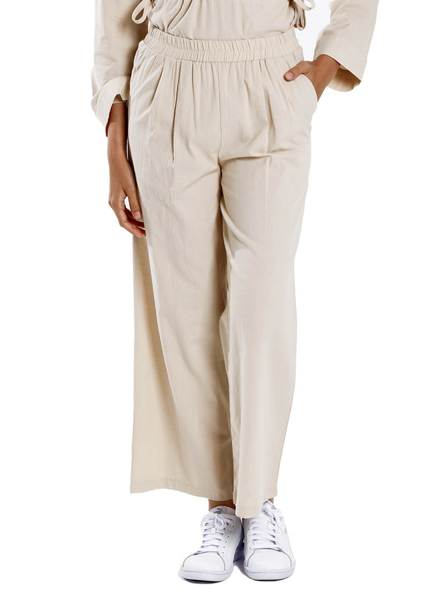 Forest Ladies Cotton Linen Pleated Wide Leg Pants Women Elastic Waist Long Pants | Seluar Panjang Palazzo - 810514