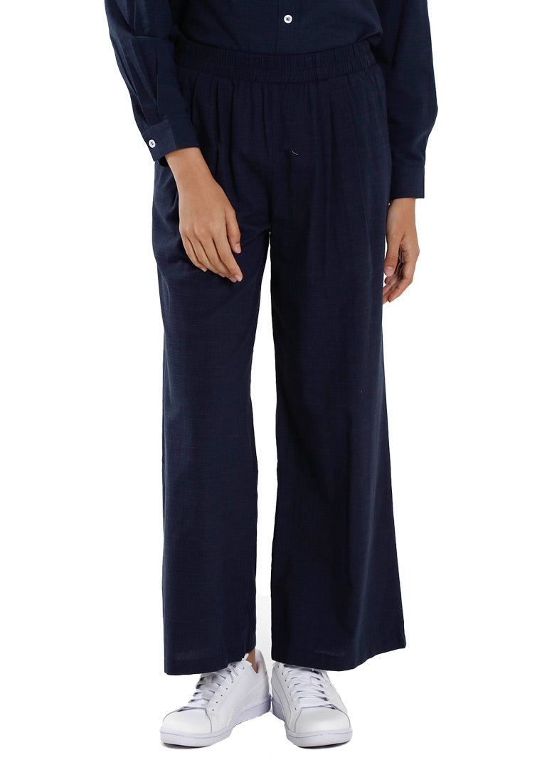 Forest Ladies Cotton Linen Pleated Wide Leg Pants Women Elastic Waist Long Pants | Seluar Panjang Palazzo - 810514