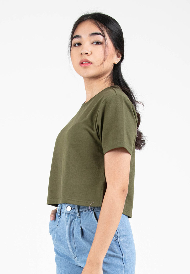 Forest Ladies Round Neck Cotton Terry Boxy Croped Top | Baju T-Shirt Perempuan - 822264