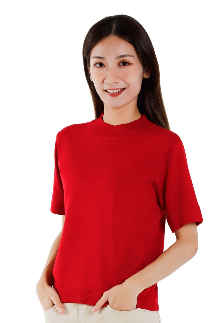 Forest Ladies Basic Plain High Neck Short Sleeve Knit Top | Baju Perempuan - 822348