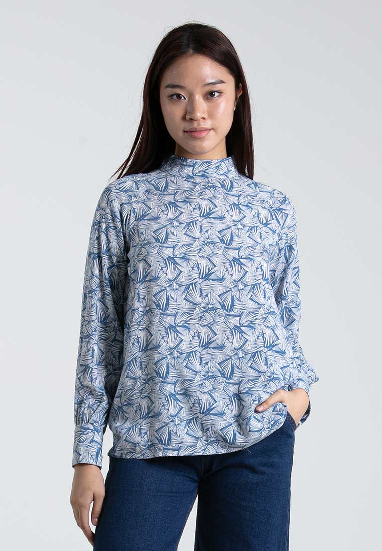 Forest Ladies Floral Pattern Mock Neck Rayon Blouse Women Long Sleeve Blouse | Baju Perempuan - 822390