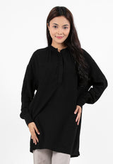 Forest Ladies Linen Oversized Band Collar Plain Blouse Women Long Sleeve Tunic | Baju Perempuan - 822391