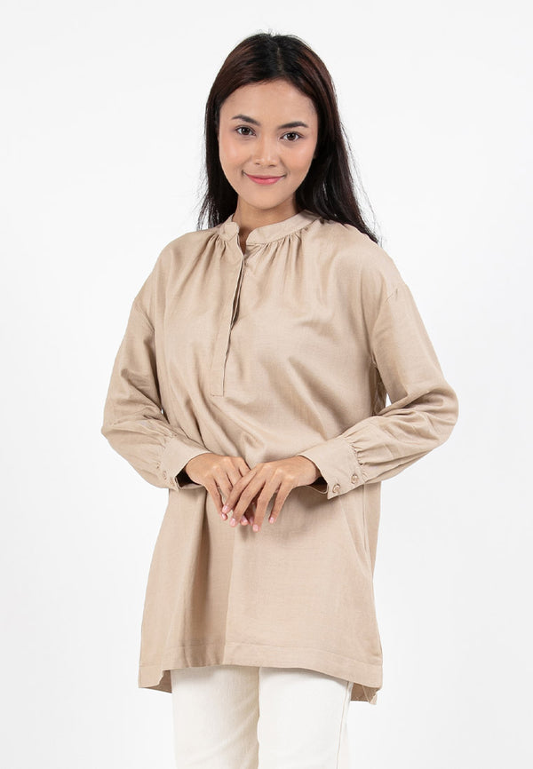 Forest Ladies Linen Oversized Band Collar Plain Blouse Women Long Sleeve Tunic | Baju Perempuan - 822391