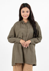 Forest Ladies Linen Oversized Band Collar Plain Blouse Women Long Sleeve Tunic | Baju Perempuan - 822391