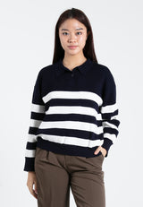 Forest Ladies Casual Striped Polo Long Sleeve Sweater Knit Top | Baju Lengan Panjang Perempuan - 822395