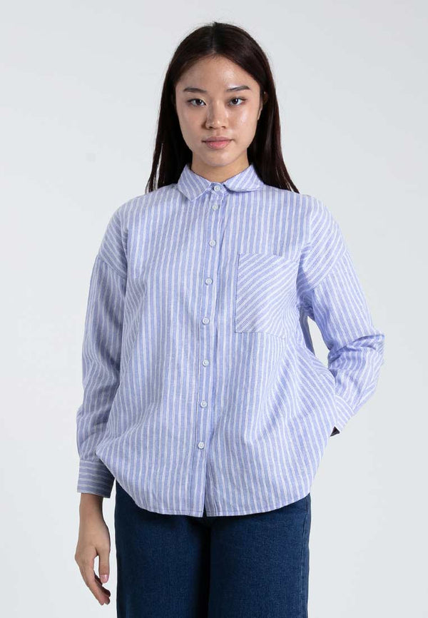 Forest Ladies Oversized Cotton Striped Shirt Women Long Sleeve Shirt | Baju Kemeja Perempuan - 822396