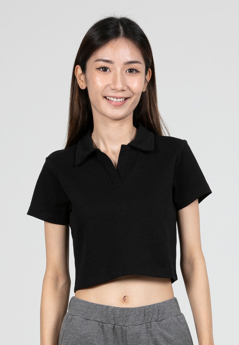 Forest Ladies Cotton Interlock Short Sleeve Collar Cropped Top Women Casual Plain Crop Polo T-Shirt - 822411