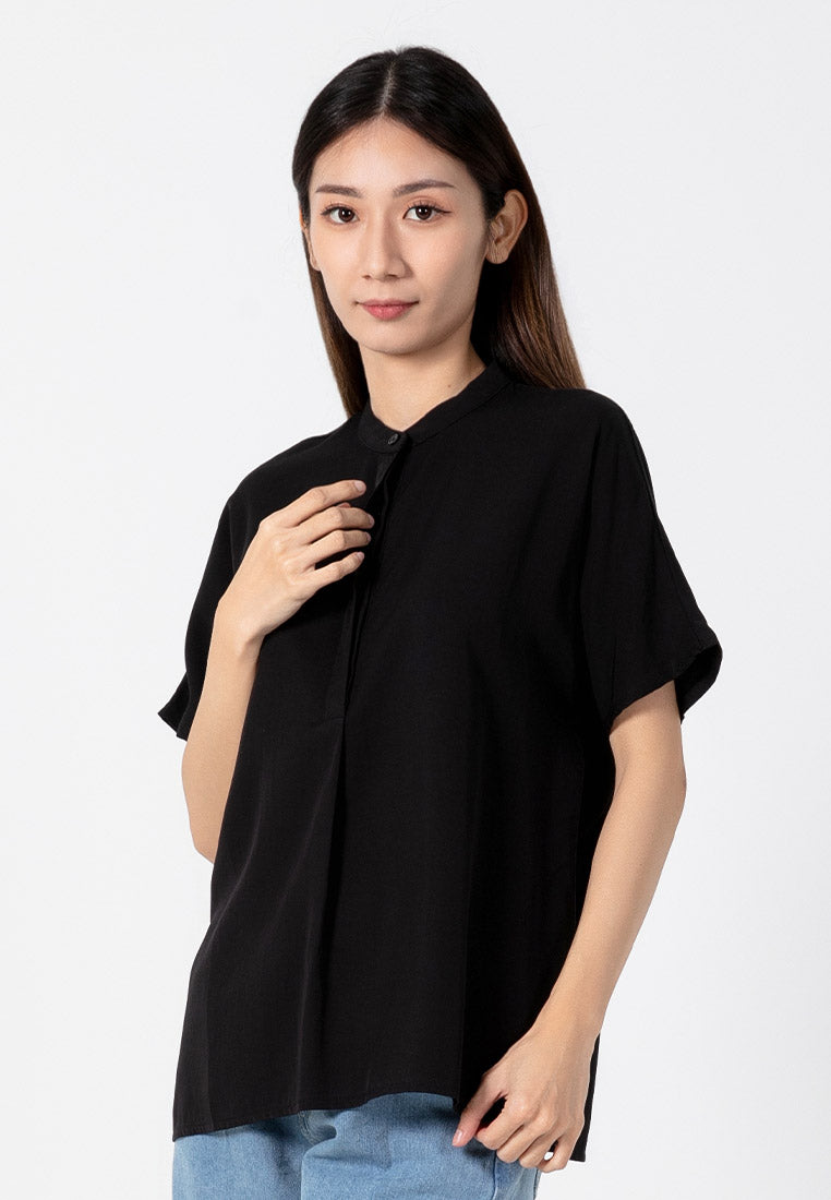 Forest Ladies Rayon Lyocell Band Collar Plain Blouse Women Short Sleeve Blouse | Baju Kemeja Perempuan - 822415