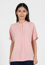 Forest Ladies Rayon Lyocell Band Collar Plain Blouse Women Short Sleeve Blouse | Baju Kemeja Perempuan - 822415