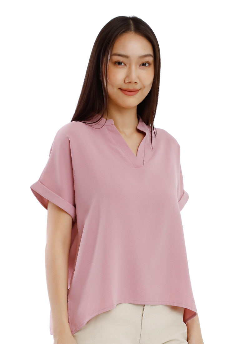 Forest Ladies Polyester Collar Plain Blouse Women Short Sleeve Blouse | Baju Perempuan - 822417