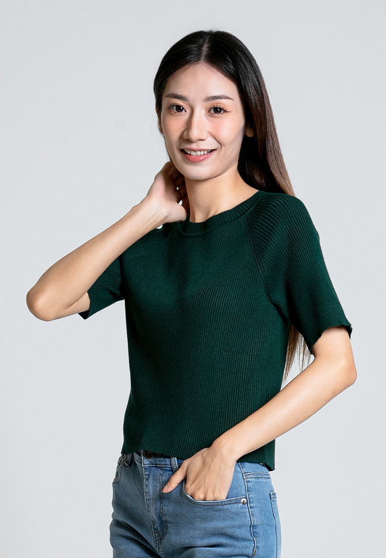 Forest Ladies Round Neck Knit Top Women Raglan Sleeve Cropped Top - 822426