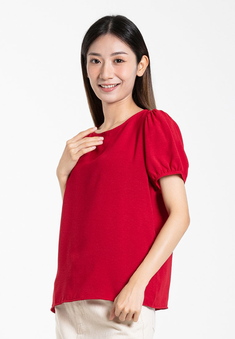 Forest Ladies Polyester Puff Sleeve Blouse Women Short Sleeve Plain Blouse - 822455