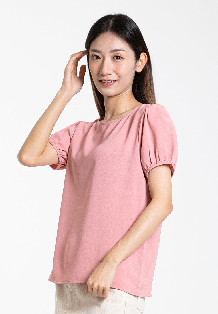 Forest Ladies Polyester Puff Sleeve Blouse Women Short Sleeve Plain Blouse - 822455