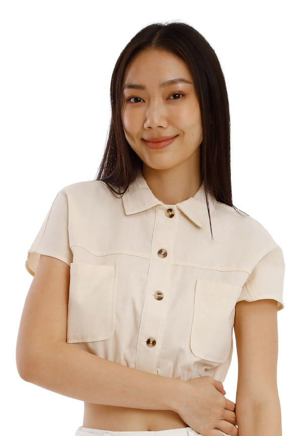 Forest Ladies Cotton Linen Cropped Shirt Women Button Up Collar Cropped Top - 822460
