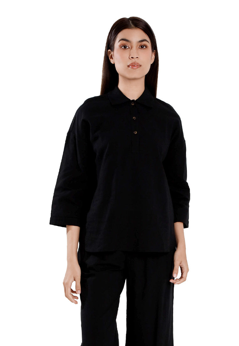 Forest Ladies Cotton Linen 3/4 Sleeve Collar Blouse Women Shirt | Baju Kemeja Perempuan Lengan Panjang - 822474