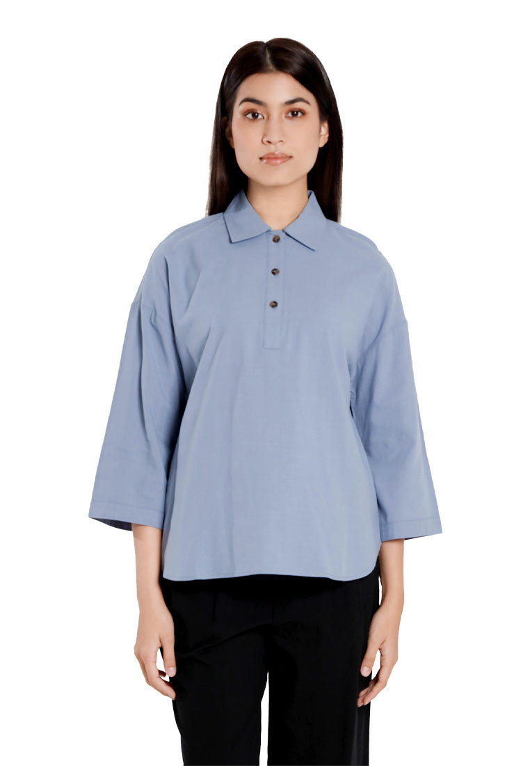 Forest Ladies Cotton Linen 3/4 Sleeve Collar Blouse Women Shirt | Baju Kemeja Perempuan Lengan Panjang - 822474