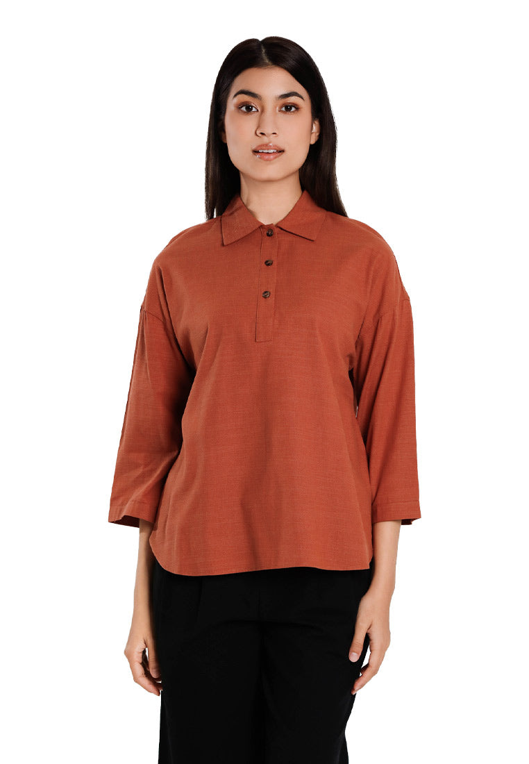 Forest Ladies Cotton Linen 3/4 Sleeve Collar Blouse Women Shirt | Baju Kemeja Perempuan Lengan Panjang - 822474