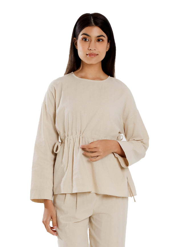Forest Ladies Cotton Linen Ruched Waist Blouse Women Plain Blouse | Baju Perempuan Lengan Panjang - 822475