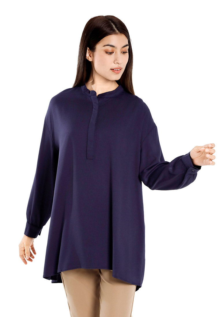 Forest Ladies Rayon Oversized Band Collar Plain Blouse Women Long Sleeve Tunic | Baju Perempuan - 822505