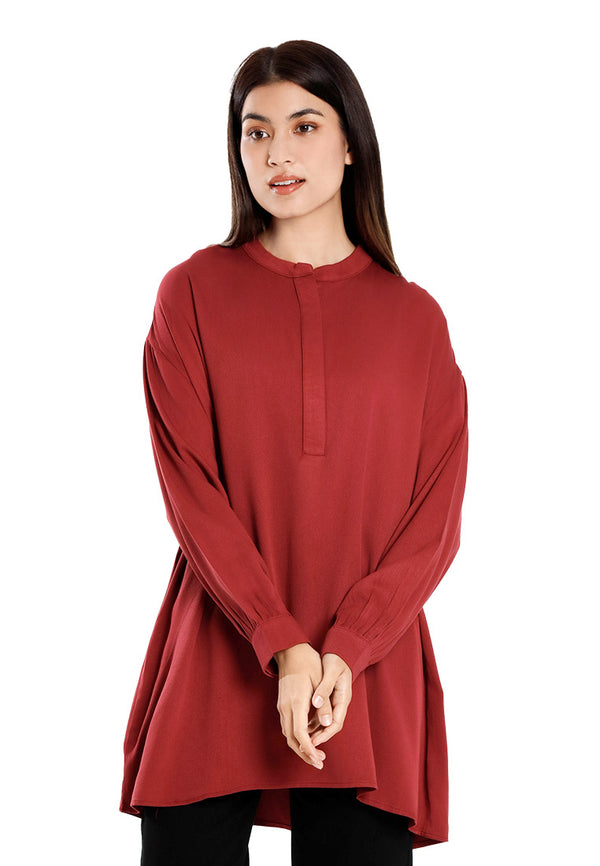 Forest Ladies Rayon Oversized Band Collar Plain Blouse Women Long Sleeve Tunic | Baju Perempuan - 822505