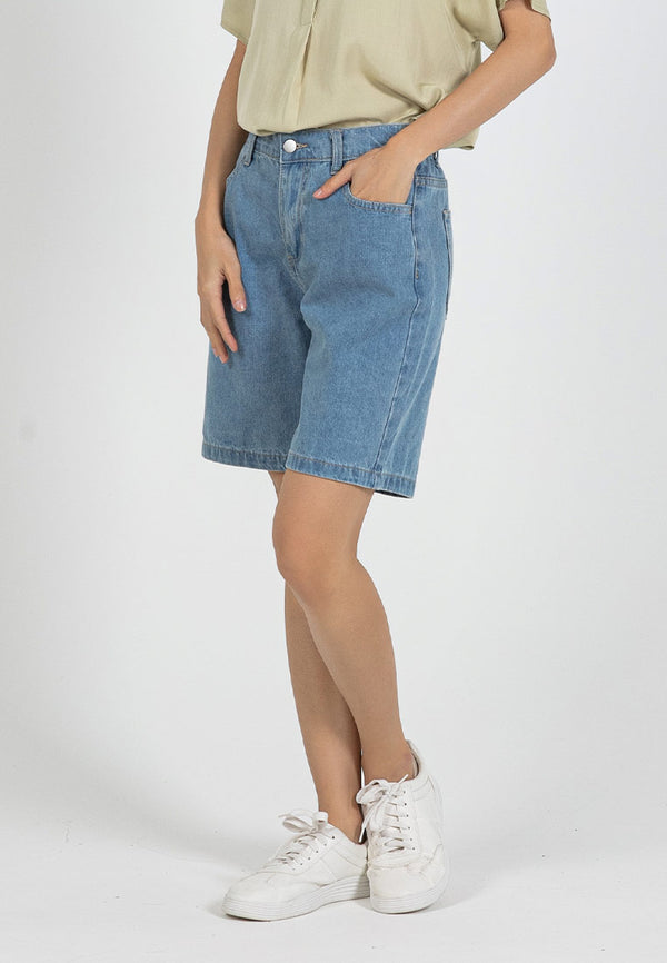 Forest Ladies Denim Jeans Shorts Women Elastic Waist High Waist Short Pants | Seluar Pendek Perempuan - 870150