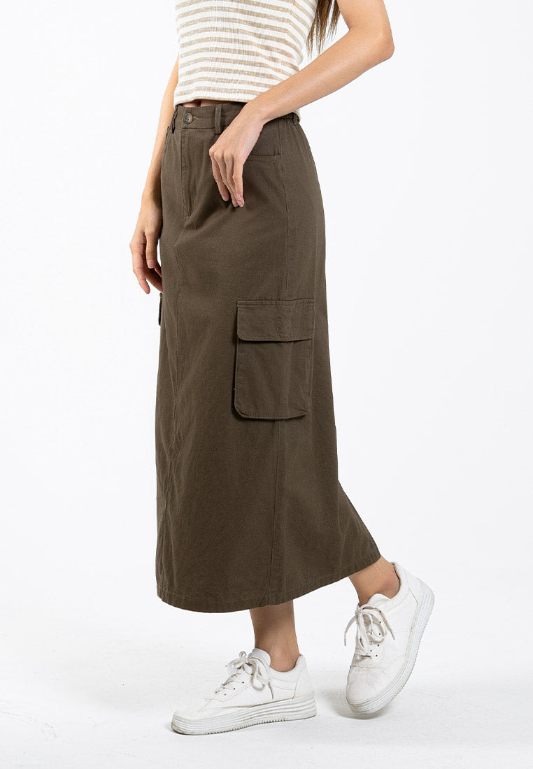 Forest Ladies Cotton Twill Elastic Waisted Cargo Skirt Women Midi Skirt - 880009