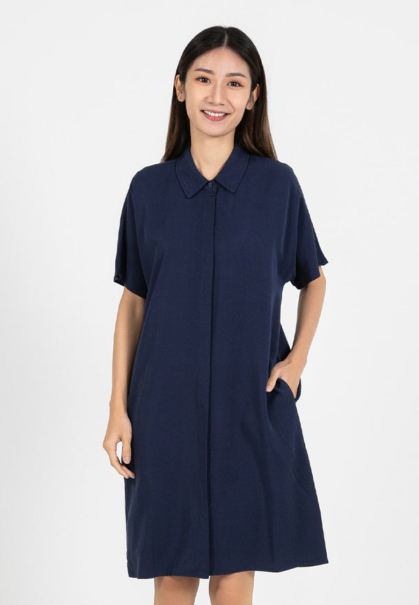 Forest Ladies Rayon Lyocell Plain Shirt Dress Women Short Sleeve Shirt Dress| Baju Kemeja Perempuan - 885078