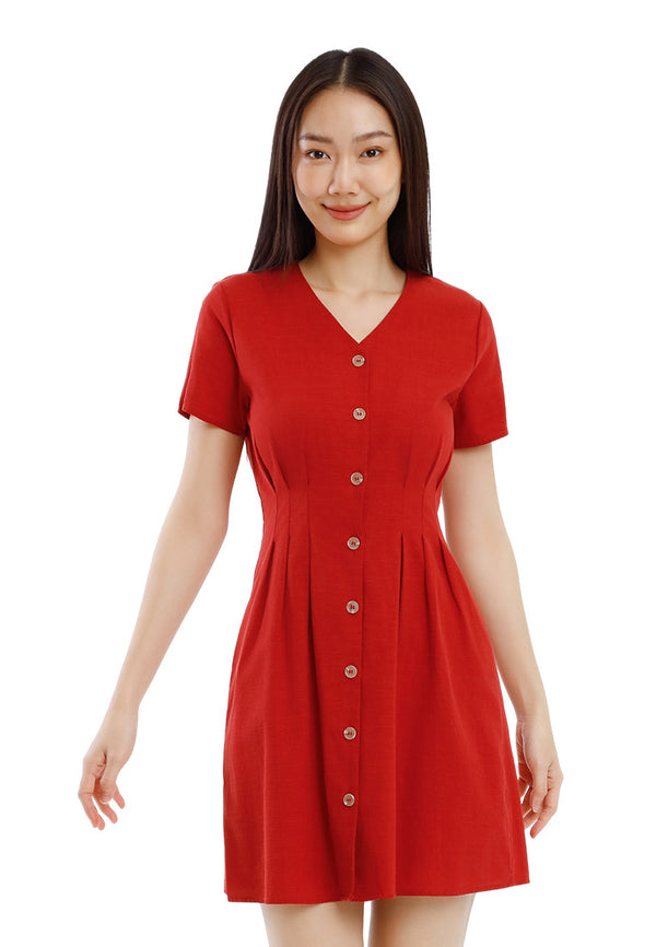 Forest Ladies Cotton Linen Dress Women Button Up V-Neck Dress - 885101