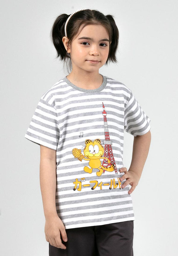 Forest X Garfield Unisex Kids Cotton Interlock Stripe Short Sleeve Kids Tee | Baju T-shirt Budak - FGK20012