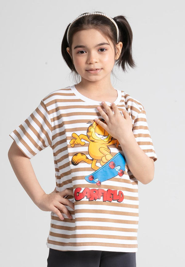 Forest X Garfield Unisex Kids Cotton Interlock Stripe Short Sleeve Kids Tee | Baju T-shirt Budak - FGK20013