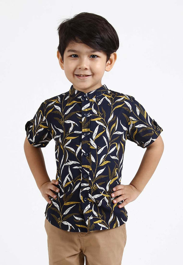 Forest Kids Woven Boy Stand Collar Floral Pattern Short Sleeve Shirt Kids l Baju Budak Lelaki - FK20108