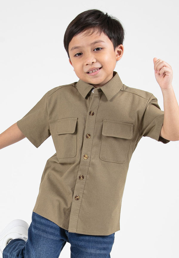 Forest Kids Boys Cotton Linen Double Pocket Short Sleeve Collar Shirt | Baju Budak Lelaki Lengan Pendek - FK20261