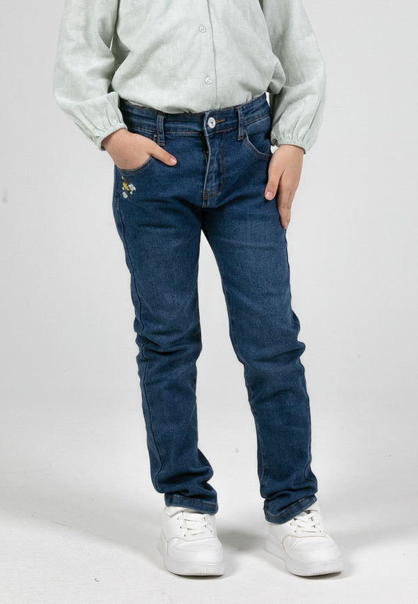 Forest Kids Girls Stretchable Embroidery Floral Denim Jeans Long Pants | Seluar Panjang Budak Perempuan - FK810022