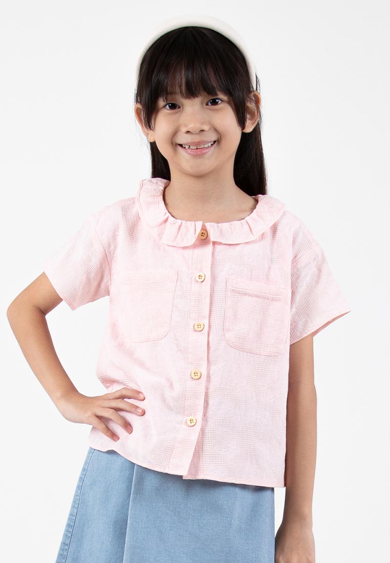 Forest Kids Girl Textured Cotton Ruffle Collar Button Front Short Sleeve Blouse| Baju Budak Perempuan - FK820076