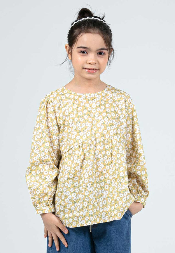 Forest Kids Girls Floral Pattern Cotton Blouse Woven Long Sleeve Top | Baju Budak Perempuan - FK820083
