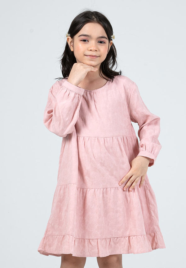 Forest Kids Girls Cotton Jacquard Long Sleeve Tiered Dress with Cotton Lining | Baju Budak Perempuan - FK885072