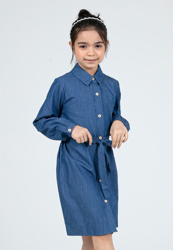 Forest Kids Girls Chambray Denim Shirt Dress Long Sleeve Dress | Baju Budak Perempuan - FK885073