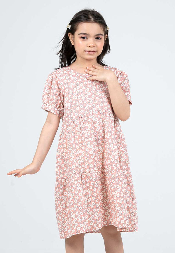 Forest Kids Girls Floral Pattern Cotton Short Sleeve Tiered Dress | Baju Budak Perempuan - FK885075