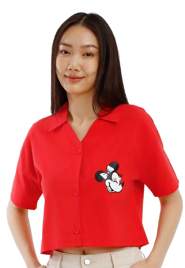 Forest x Disney Minnie Mouse Ladies Cropped Blouse Women Modal Cotton Button V-Neck Blouse - FW820116