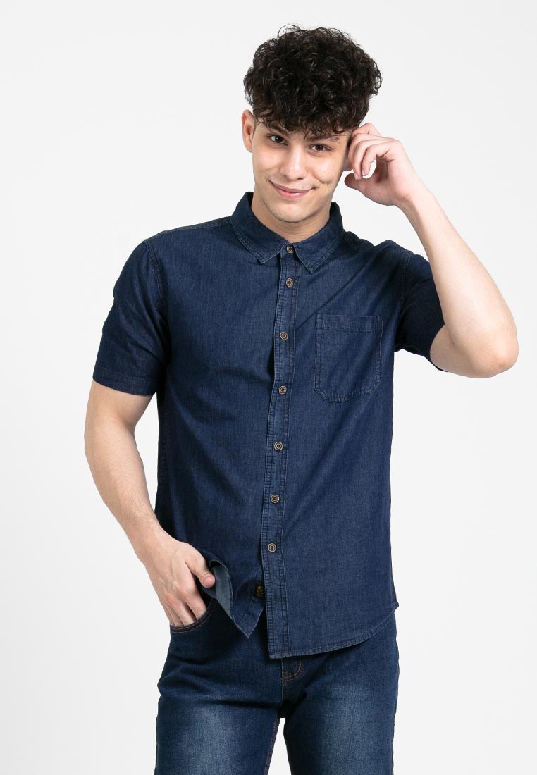 Forest Denim Plain Short Sleeve Men Shirt | Baju Kemeja Lelaki - 621353