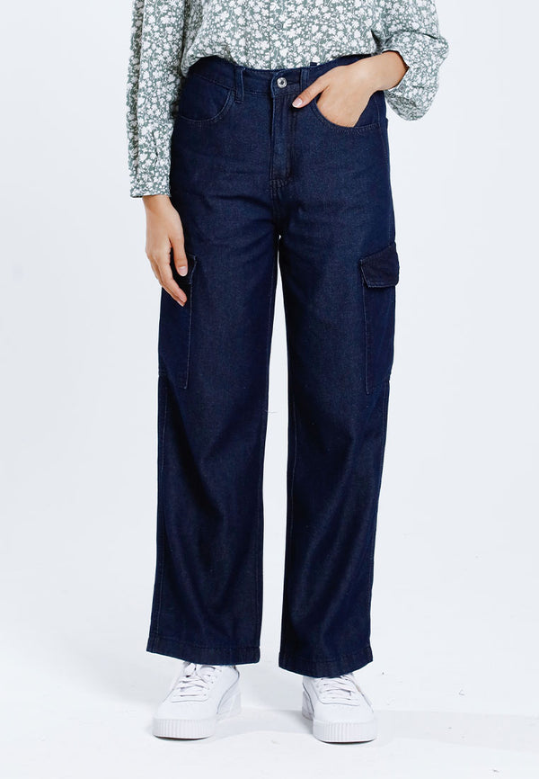 Forest Ladies Soft Denim Cargo Pants Women Elastic Waisted Long Pants | Seluar Panjang Perempuan - 810506