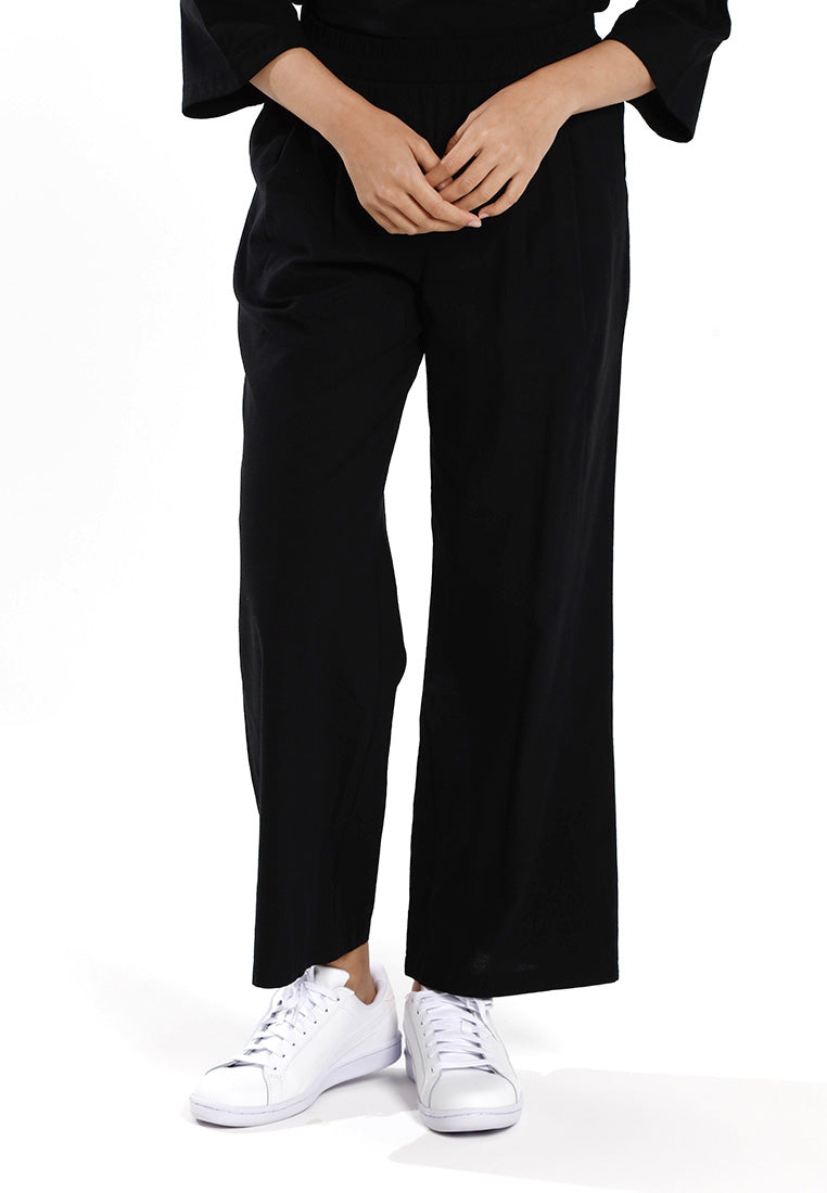Forest Ladies Cotton Linen Pleated Wide Leg Pants Women Elastic Waist Long Pants | Seluar Panjang Palazzo - 810514